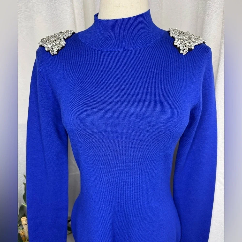 NWT Bebe Embellished Mock Neck Tunic Sweater in Galactic Cobalt Sz M